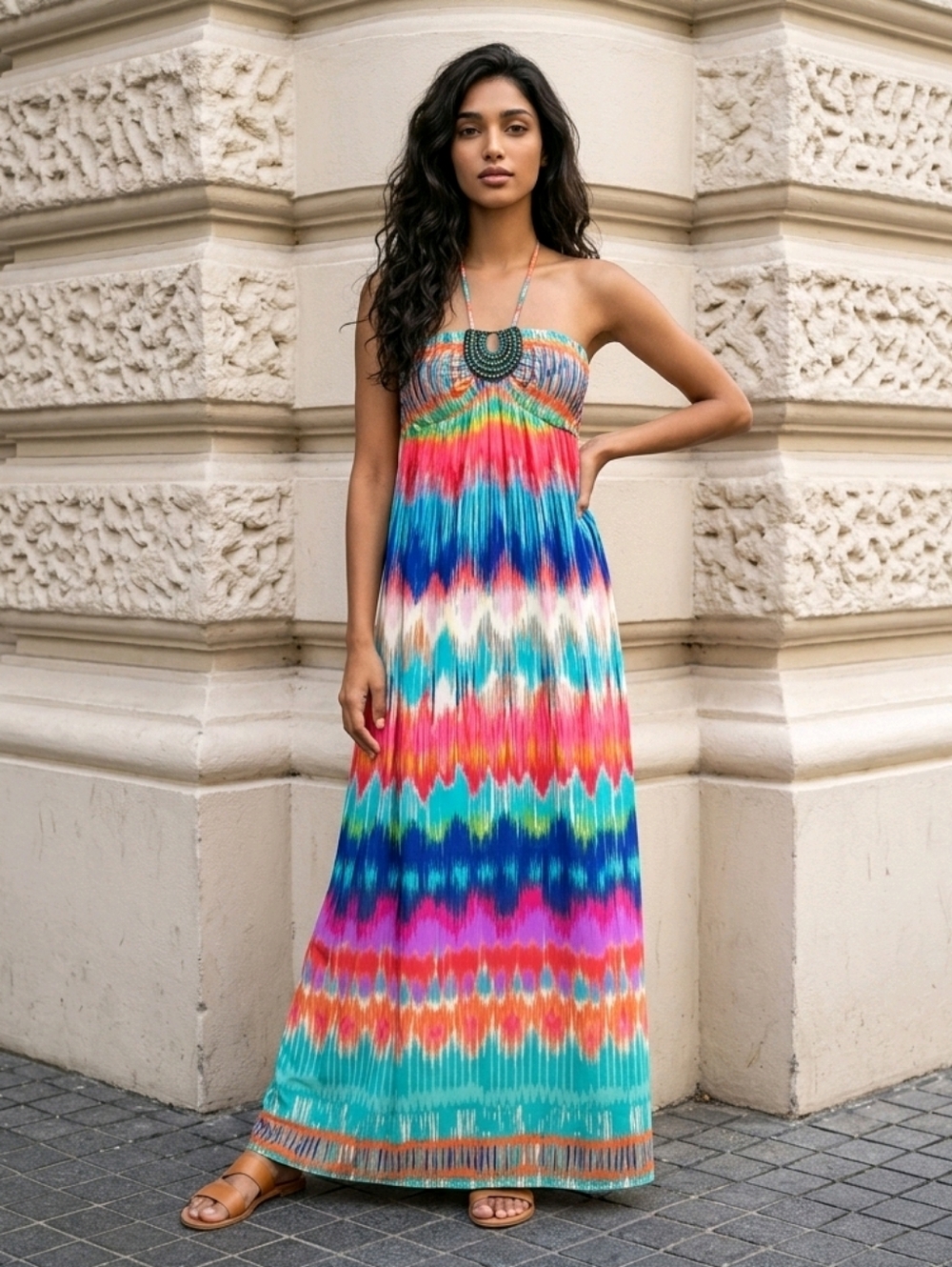 Hart Soul Strapless Boho Rainbow Maxi Dress 2X Empire Waist Flowy Vacation